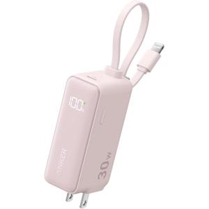 imageANKER 3in1 Power Bank 5000mAh Portable Charger with Builtin Lightning Cable and Foldable AC Plug 30W Max Compact Battery Pack for iPhone 14 Series Galaxy MacBook and MoreLightning CablePink