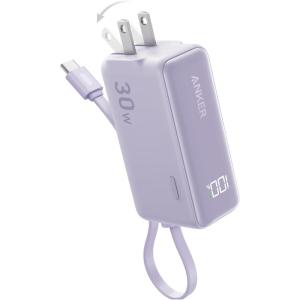 imageANKER 3in1 Power Bank 5000mAh Portable Charger with Builtin Lightning Cable and Foldable AC Plug 30W Max Compact Battery Pack for iPhone 14 Series Galaxy MacBook and MoreType C CableViolet