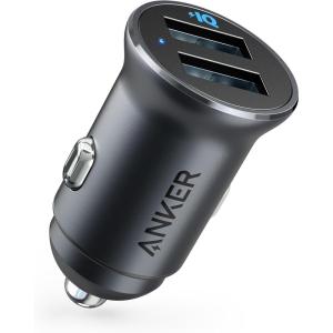 imageAnker 320 Car Charger 24W II Mini Aluminum Alloy Dual USB with Blue LED for iPhone16 15 14 13 12 Series iPad ProAir 2Mini Galaxy and More  Not Compatible with Quick Charge Black