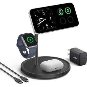 imageAnker MagSafe Charger Stand iPhone 17 Wireless Charging Station MagGo 3 in 1 Charging Station Qi2 Certified 15W Wireless Charger Desk Accessory for iPhone 171615141312 Apple Watch AirPodsBlack