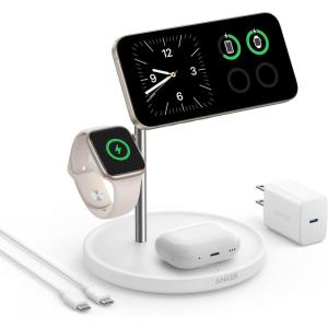 imageAnker MagSafe Charger Stand iPhone 17 Wireless Charging Station MagGo 3 in 1 Charging Station Qi2 Certified 15W Wireless Charger Desk Accessory for iPhone 171615141312 Apple Watch AirPodsWhite