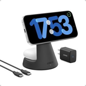 imageAnker MagSafe Compatible 2in1 Charging Stand iPhone 16 Wireless Charger Qi2 Certified 15W UltraFastAdjustable and Super Strongfor iPhone 1615141312 SeriesAirPods White No AdapterBlack