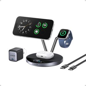imageAnker Prime MagSafe Charger Compatible 3in1 Charging Station Qi2 25W Certified Wireless Charger Dock Stand Smart Display with TEC Active Cooling for iPhone 17 Apple Watch AirPods and More