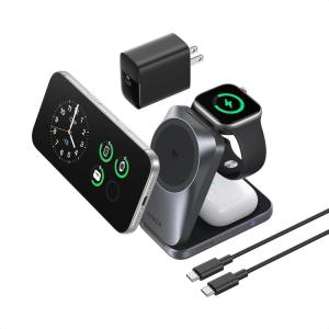 imageAnker Prime 3in1 Wireless Charging Station MagSafe Charger Stand Compatible Qi22 25W Certified PalmSized Foldable Charger for iPhone 1716 Apple Watch AirPods NonBattery Adapter Included
