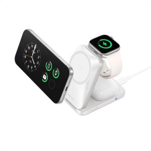 imageAnker Prime 3in1 Charging Station AirCool Wireless Charger Qi2 25W Certified PalmSized Foldable MagSafe Charger Compatible with iPhone 17 Apple Watch AirPods NonBattery with AdapterRadiant White