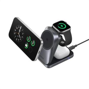 imageAnker Prime 3in1 Charging Station AirCool Wireless Charger Qi2 25W Certified PalmSized Foldable MagSafe Charger Compatible with iPhone 17 Apple Watch AirPods NonBattery with AdapterPhantom Gray